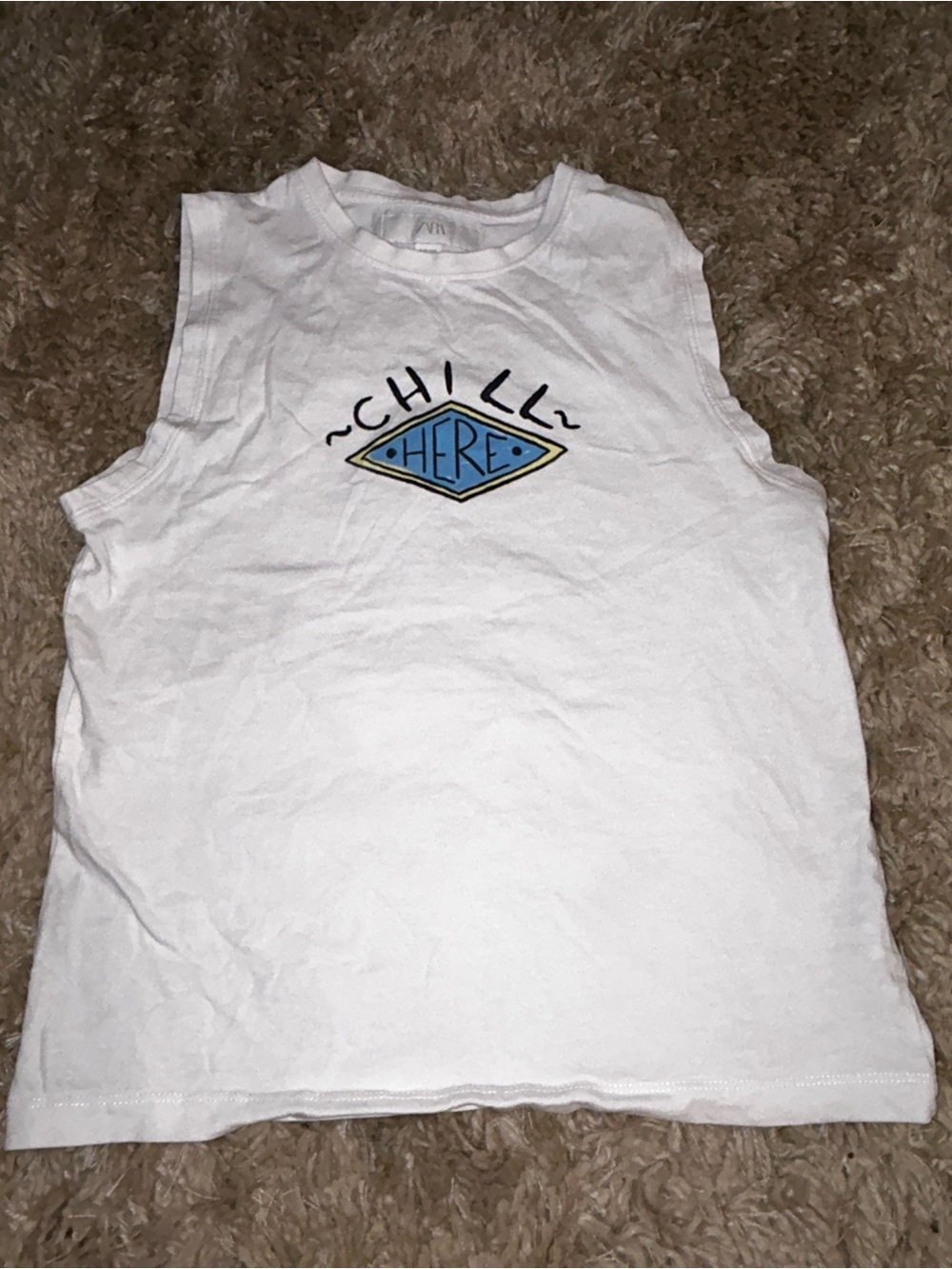 Zara White Tank Top with Blue & Yellow 'Chill Here' Graphic